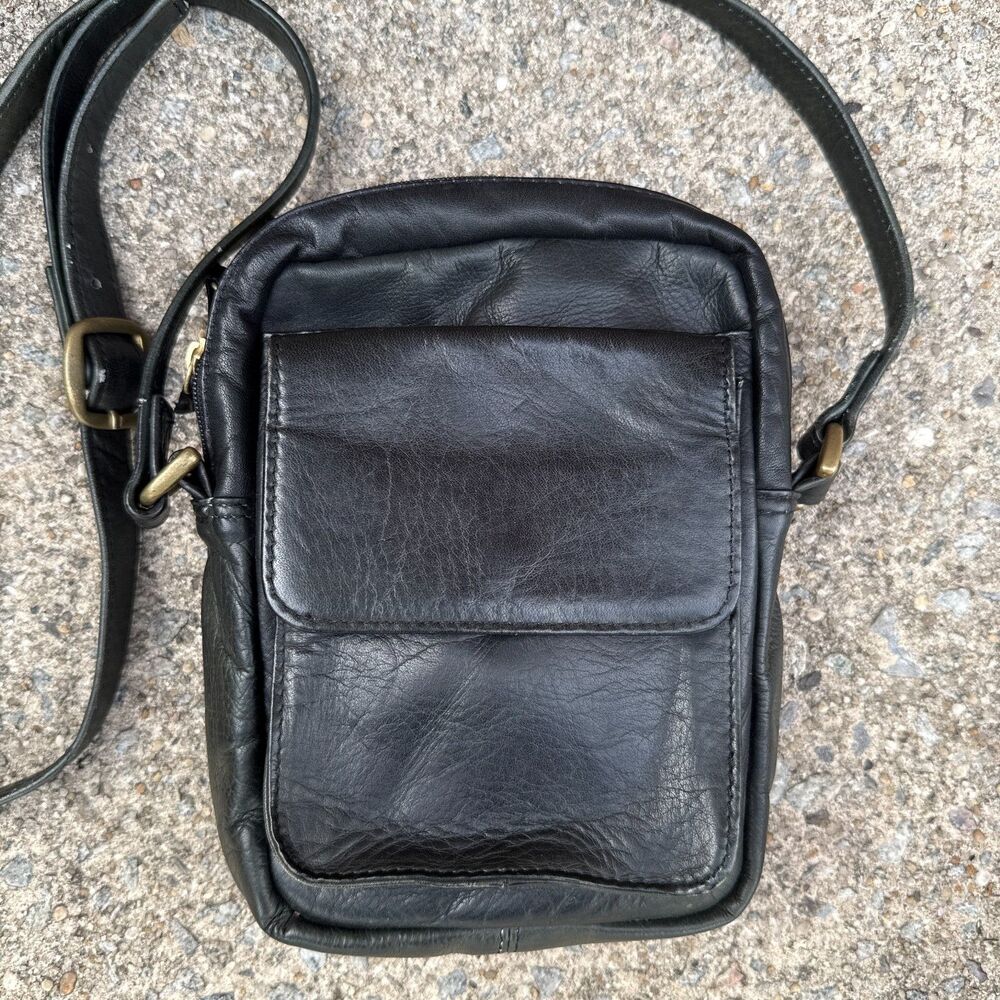 HOBO International Black Leather Crossbody Organizer Bag Multi Pocket